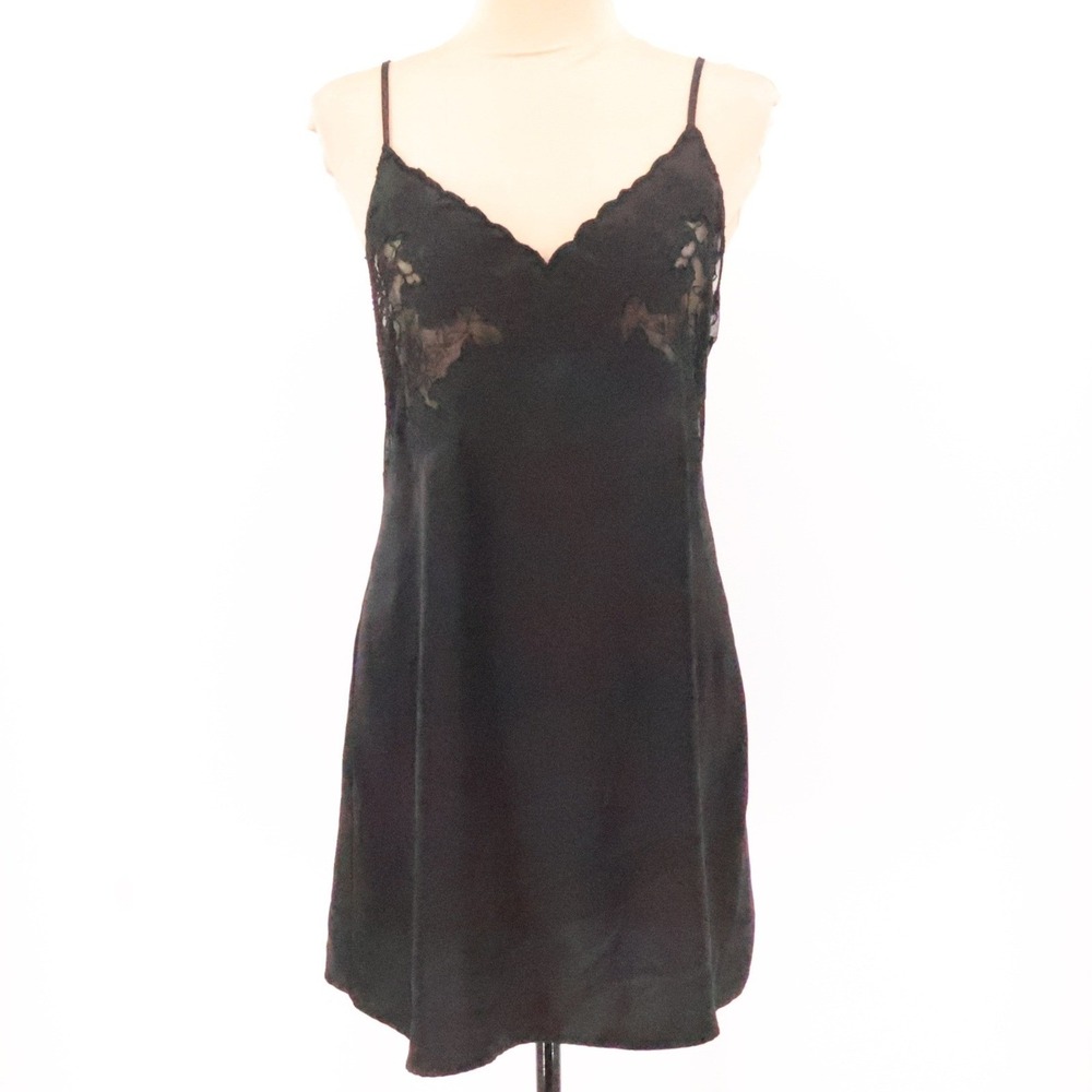 Black Lace Trim Slip Dress Mini Coquette Dark Fairy Grunge Y2K Lingerie Size M - Picture 1 of 8
